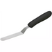 Winco stainless steel spatula with offset, rounded tip and black handle, shortest blade size, angled view