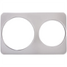 Winco stainless steel adapter plate for soup inserts with two large round openings, flat rectangular top view