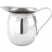 Winco stainless steel bell creamer with tall curved handle and flared spout, alternate size option shown