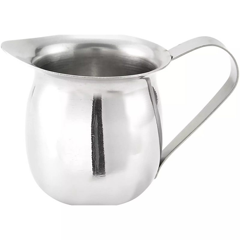 Winco stainless steel bell creamer with pouring spout and curved handle, polished mirror finish, side view