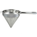 Winco stainless steel China cap strainer with fine mesh cone, reinforcing bands and long flat steel handle