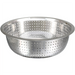 Winco stainless steel Chinese style colander, round deep perforated bowl with rolled rim, angled view