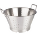 Winco stainless steel colander with two loop handles, perforated bowl and sturdy ring base, angled side view