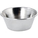 Winco stainless steel condiment cup with rolled rim and tapered sides, close-up of a single cup, first size