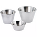 Winco stainless steel condiment cups in three sizes shown together, round tapered sauce cups from packs of 12