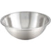Winco stainless steel economy mixing bowl, second size option with rolled rim, angled side view