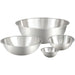 Winco stainless steel economy mixing bowls, four sizes nested and shown together, side view