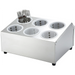 Winco stainless steel flatware cylinder holder in the larger six-cylinder size with grey perforated cylinders