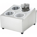Winco stainless steel flatware cylinder holder with four perforated grey cylinders, one holding forks