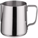 Winco stainless steel frothing pitcher with pointed pour spout and open handle, polished finish, side view