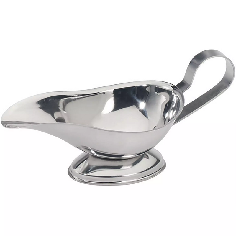Winco stainless steel gravy boat with loop handle and pedestal base, first size option, side view