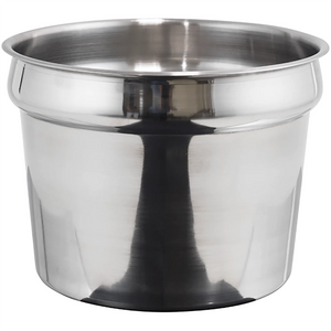 Winco stainless steel insert, wide round soup well insert with rolled rim and tapered sides, large size option