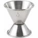 Winco stainless steel double jigger, 1 oz and 1/2 oz size with engraved measure markings, front view