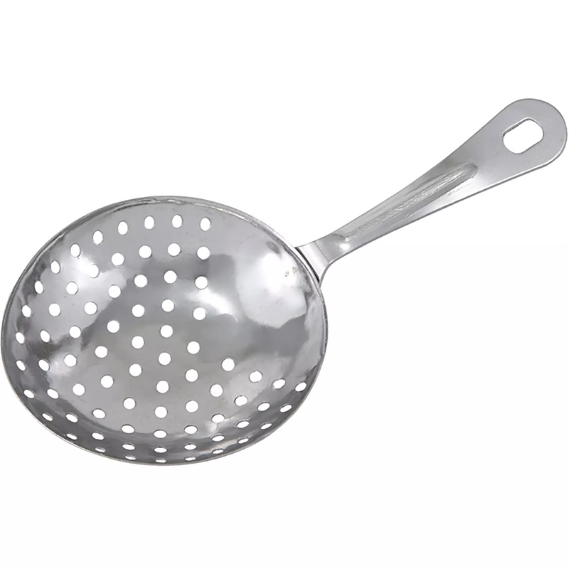 Winco stainless steel julep strainer with perforated round bowl and handle with hanging hole