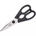 Winco stainless steel kitchen shears with detachable blades and black handles, closed view