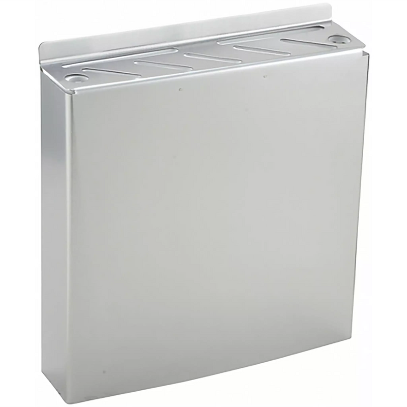 Winco stainless steel knife rack with 7 slots, wall-mount box style shown from the front angle