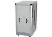 Winco stainless steel napkin dispenser, tall narrow size with napkin cut-outs, front angle