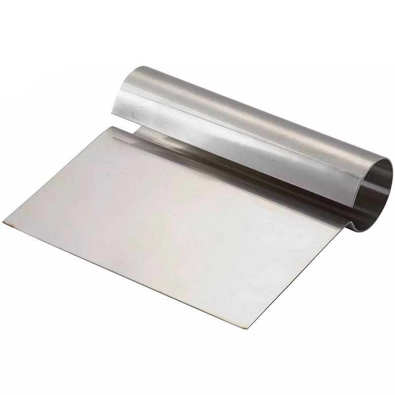Winco stainless steel scraper with handle, flat rectangular bench scraper blade with rolled steel grip
