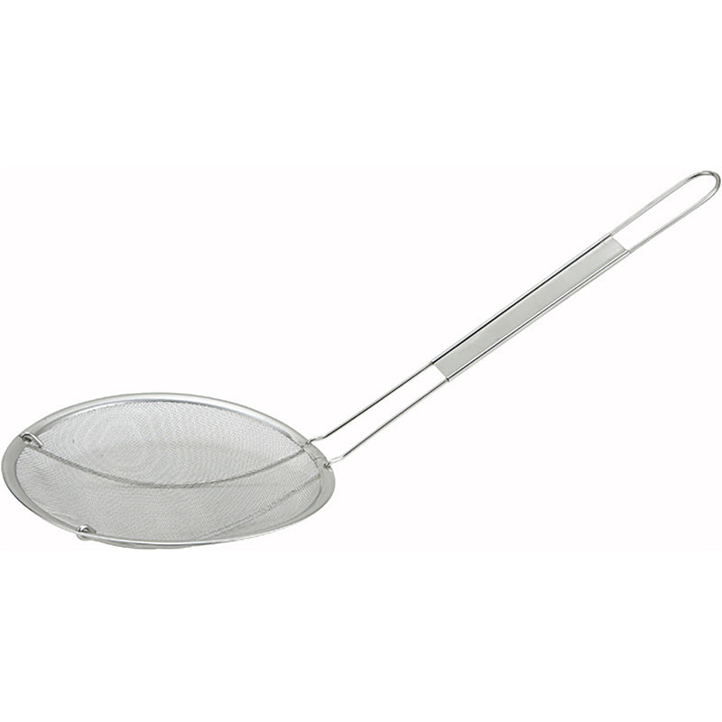 Winco stainless steel single mesh strainer with long wire handle and pot hook, angled side view
