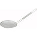 Winco stainless steel single mesh strainer with long wire handle and pot hook, angled side view