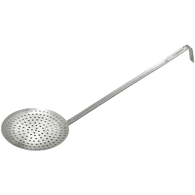 Winco stainless steel skimmer/strainer with round perforated bowl and long handle with hanging hook end