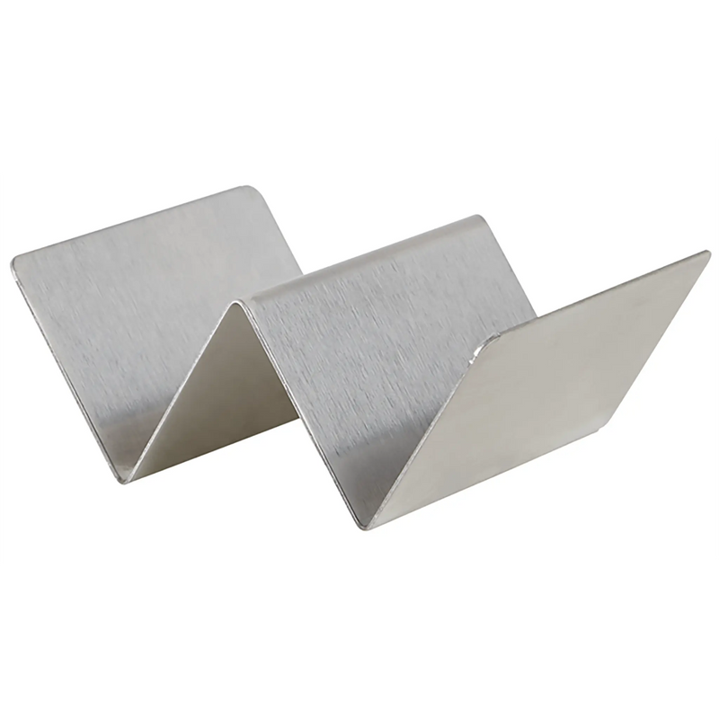 Winco stainless steel taco holder, smallest size with a single wave for two tacos, angled front view
