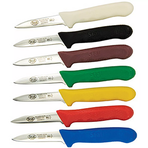 Winco Stal 3 1/4 inch paring knives with colour-coded handles in white, black, brown, green, yellow, red and blue