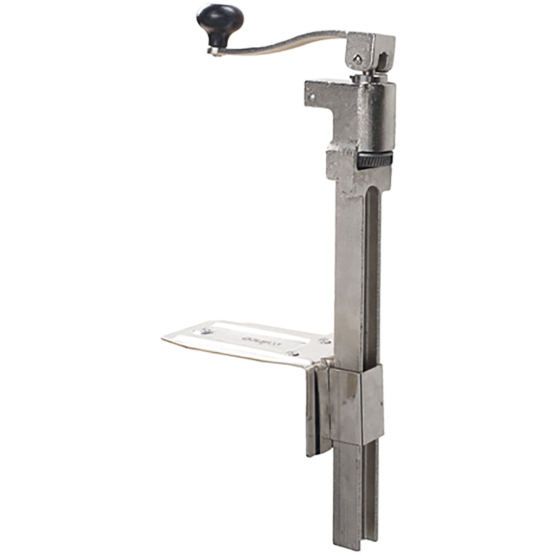 Winco standard steel manual can opener, bench-mounted tabletop opener with crank handle and base plate, front view