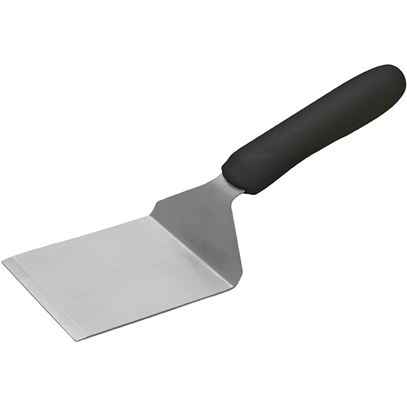Winco stainless steel steak/burger turner with offset, wide square blade and black handle, angled full view