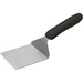 Winco stainless steel steak/burger turner with offset, wide square blade and black handle, angled full view