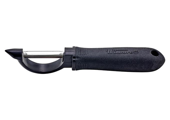 Winco straight peeler with soft grip handle, swivel stainless steel blade and black non-slip handle, first style