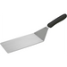 Winco stainless steel turner with offset, long rectangular blade and black handle, angled view of the full turner