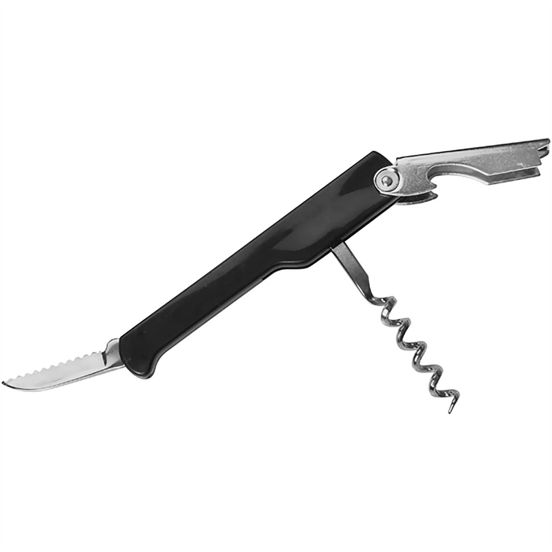 Winco waiter's corkscrew in black with folding foil knife, steel worm and double-hinged bottle lever