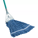 Winco wet mop head in blue, shown attached to a mop handle with metal clamp and green pole, not included