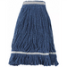 Winco wet mop head, blue looped-end cotton blend mop with white headband, shown on its own, front view