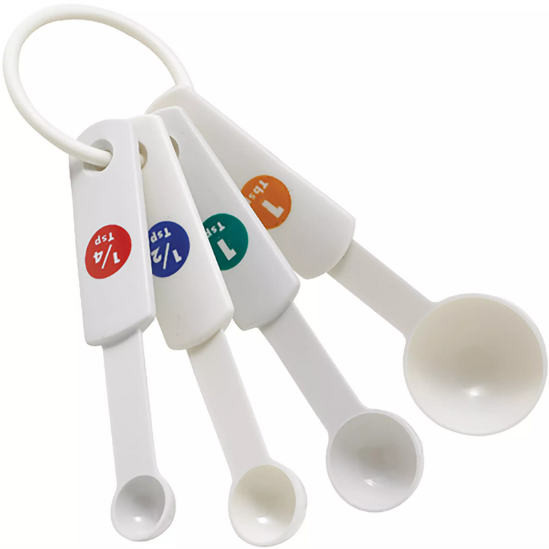 Winco white plastic measuring spoon set of 4 with colour-coded handles on a white ring
