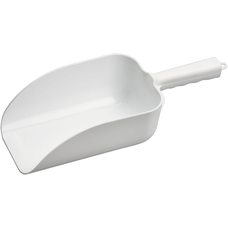 Winco white scoop, 64 oz white plastic utility scoop with deep rounded bowl and moulded grip handle, side view