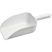 Winco white scoop, 64 oz white plastic utility scoop with deep rounded bowl and moulded grip handle, side view