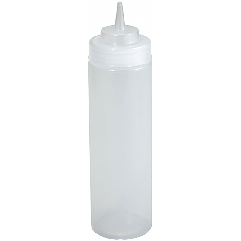 Winco wide-mouth squeeze bottle in clear natural plastic, tall size with pointed dispensing cap, front view