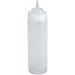 Winco wide-mouth squeeze bottle in clear natural plastic, tall size with pointed dispensing cap, front view