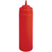 Winco wide-mouth squeeze bottle in red plastic, tall size ideal for ketchup, with red pointed tip cap