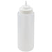 Winco wide-mouth squeeze bottle in clear natural plastic, shorter wide size with pointed dispensing cap