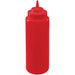Winco wide-mouth squeeze bottle in red plastic, shorter wide size with matching red pointed dispensing cap
