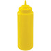 Winco wide-mouth squeeze bottle in yellow plastic, shorter wide size with matching yellow dispensing cap