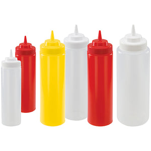 Winco wide-mouth plastic squeeze bottles in assorted sizes, clear, red and yellow, shown as a group lineup