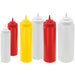Winco wide-mouth plastic squeeze bottles in assorted sizes, clear, red and yellow, shown as a group lineup