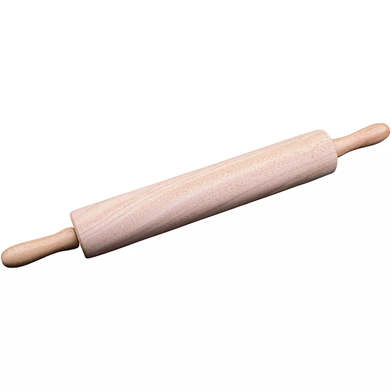 Winco wooden rolling pin with natural hardwood barrel and turned handles on both ends, side view