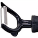 Winco Y peeler with soft grip handle, close-up of the smooth straight stainless steel blade in the black Y-frame