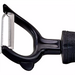 Winco Y peeler with soft grip handle, close-up of the serrated stainless steel blade style in the black Y-frame