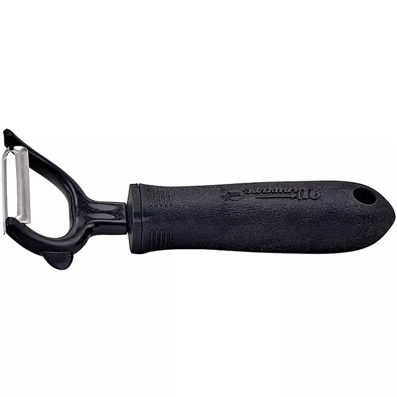 Winco Y peeler with soft grip handle, straight blade style with stainless steel blade and black handle, side view